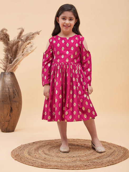 Girl's Dark Pink Foil Printed Cold Shoulder Kurti